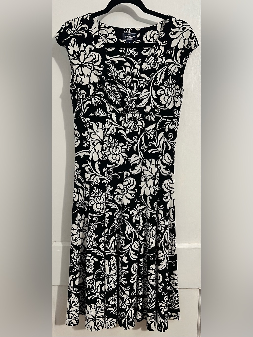 American Living Black & White Floral Cap-Sleeve Fit-and-Flare Dress